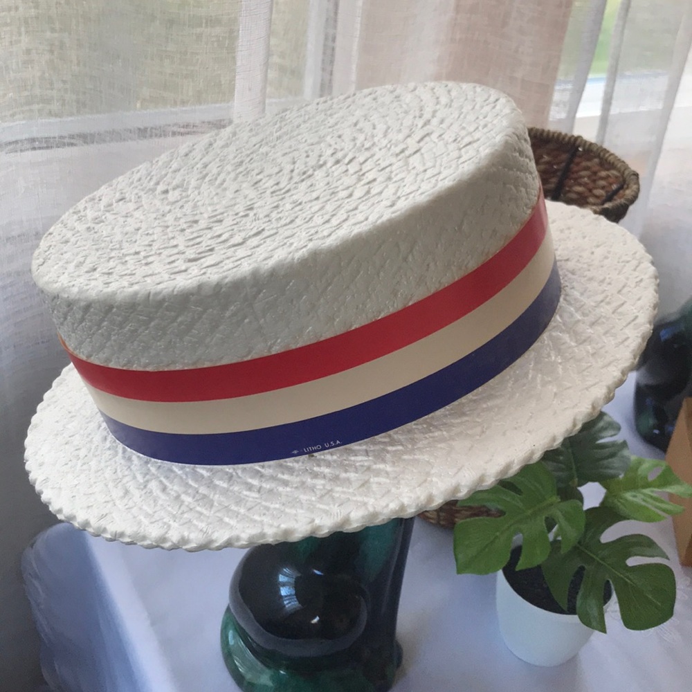 Vintage Skimmer Boater Hat 1967 ~ Red White & Blue Band Hat